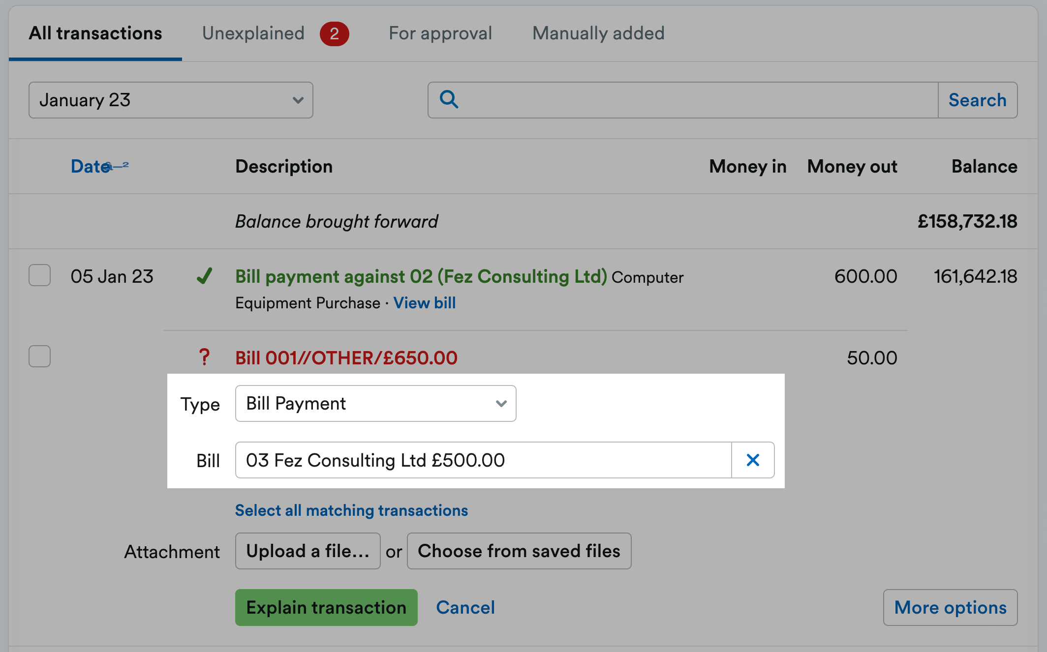 Transaction with the Type and Bill fields highlighted