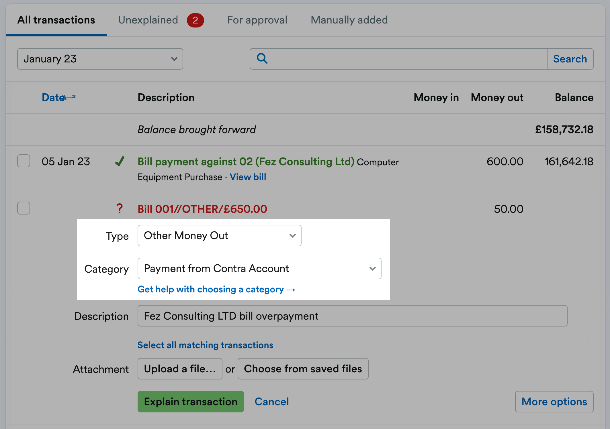 Transaction with the type and category fields highlighted