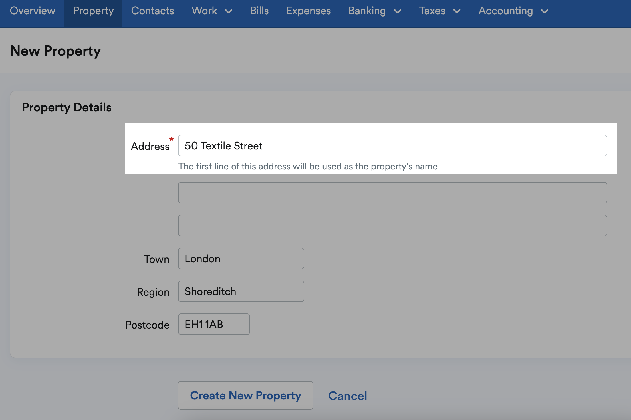Property details section with the property address entered