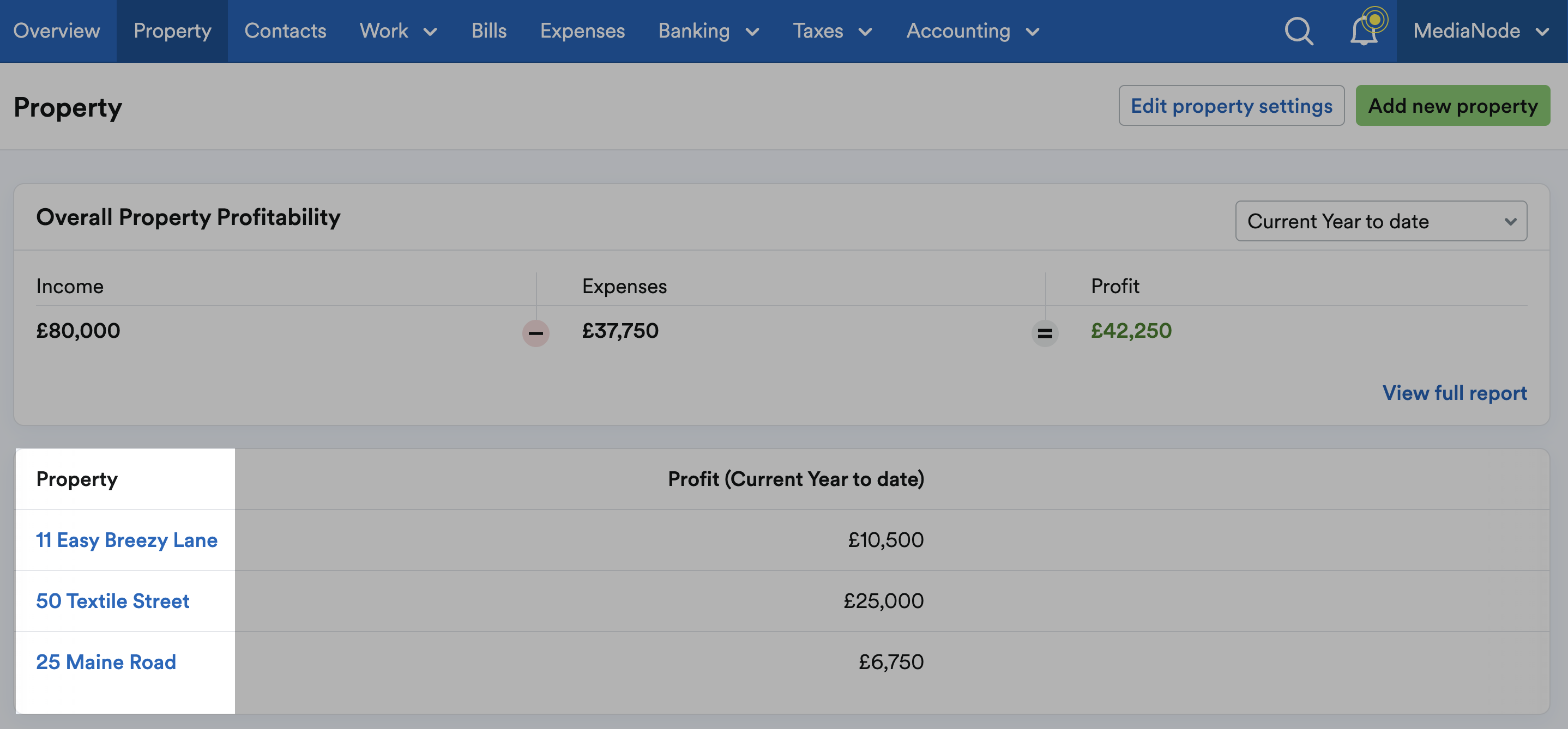 Property screen with list of properties highlighted