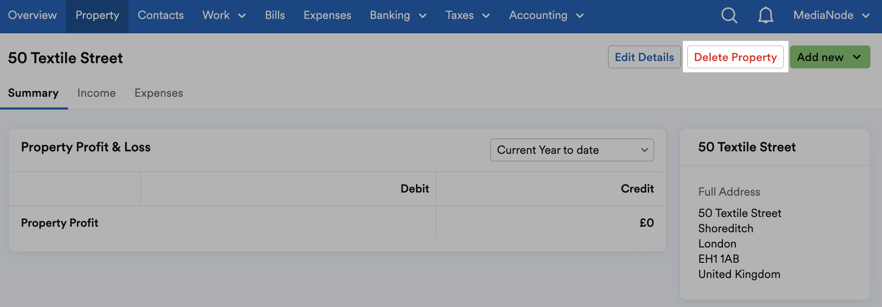 Property summary with delete property button highlighted