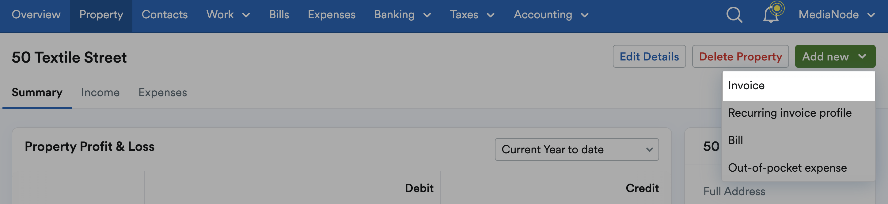 Property screen with invoice highlighted within the add new drop-down menu
