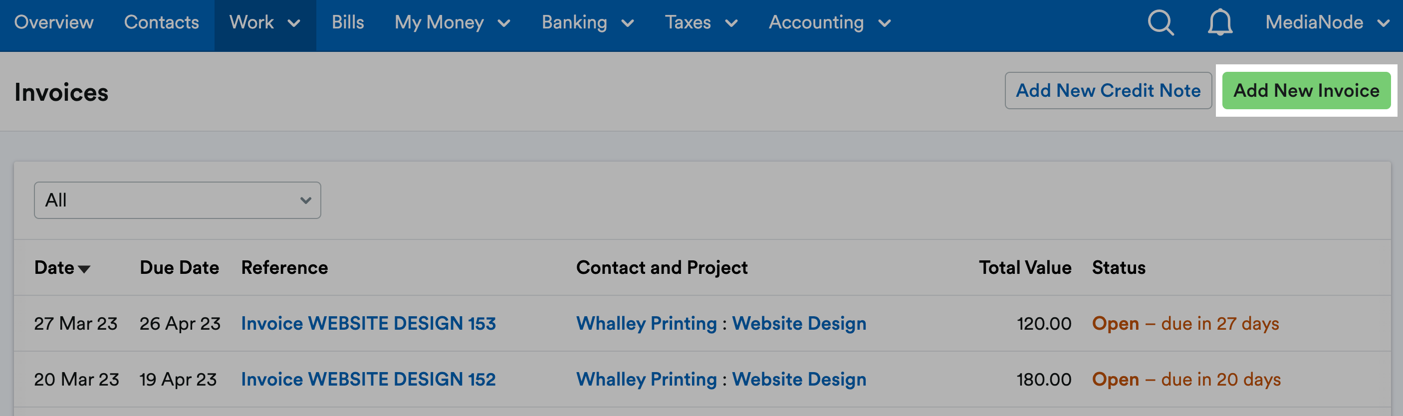 'Add New Invoice' button highlighted in Invoices page.