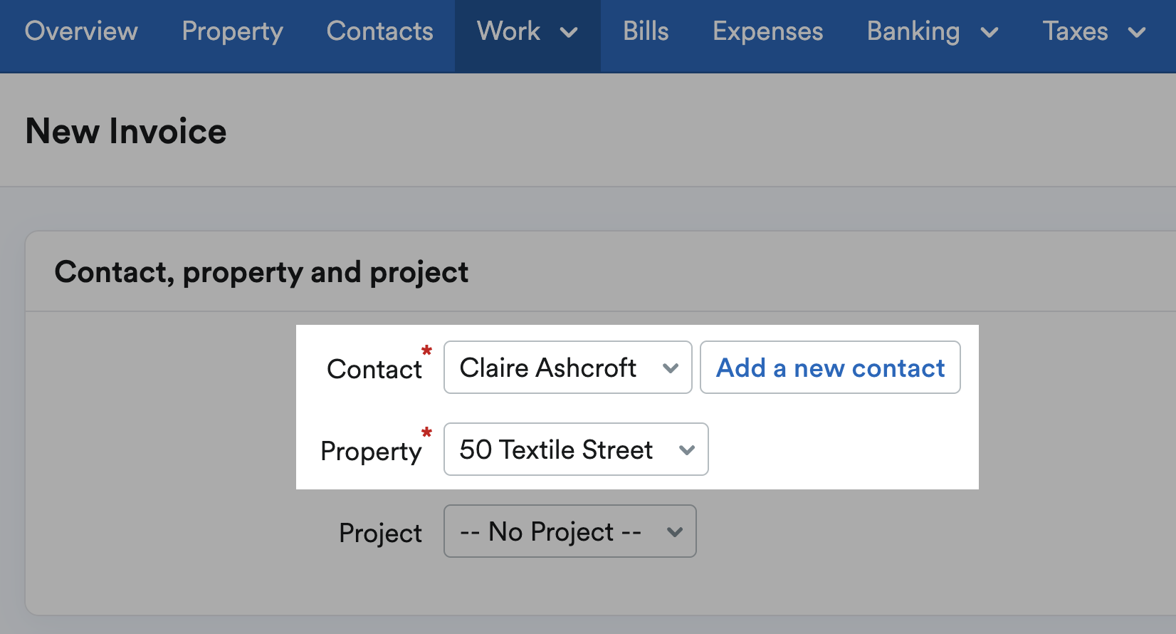 Contact and Property drop-down menus highlighted on new invoice form
