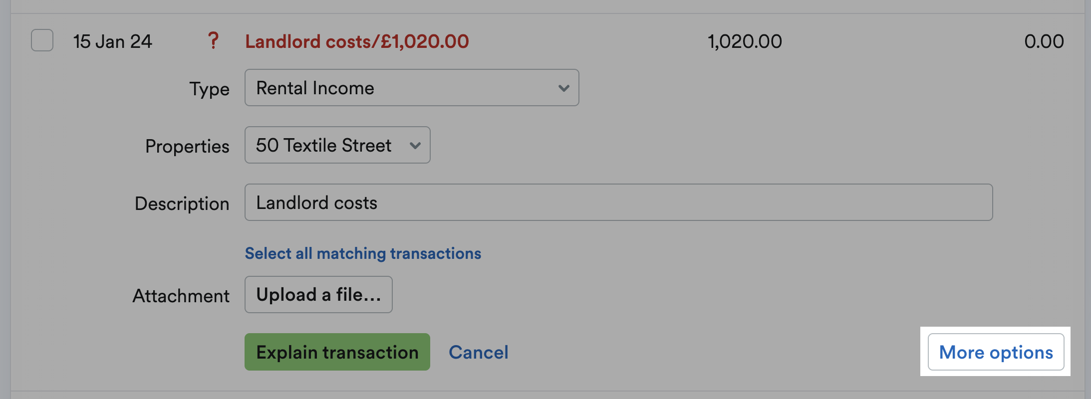 More options button highlighted on a bank transaction