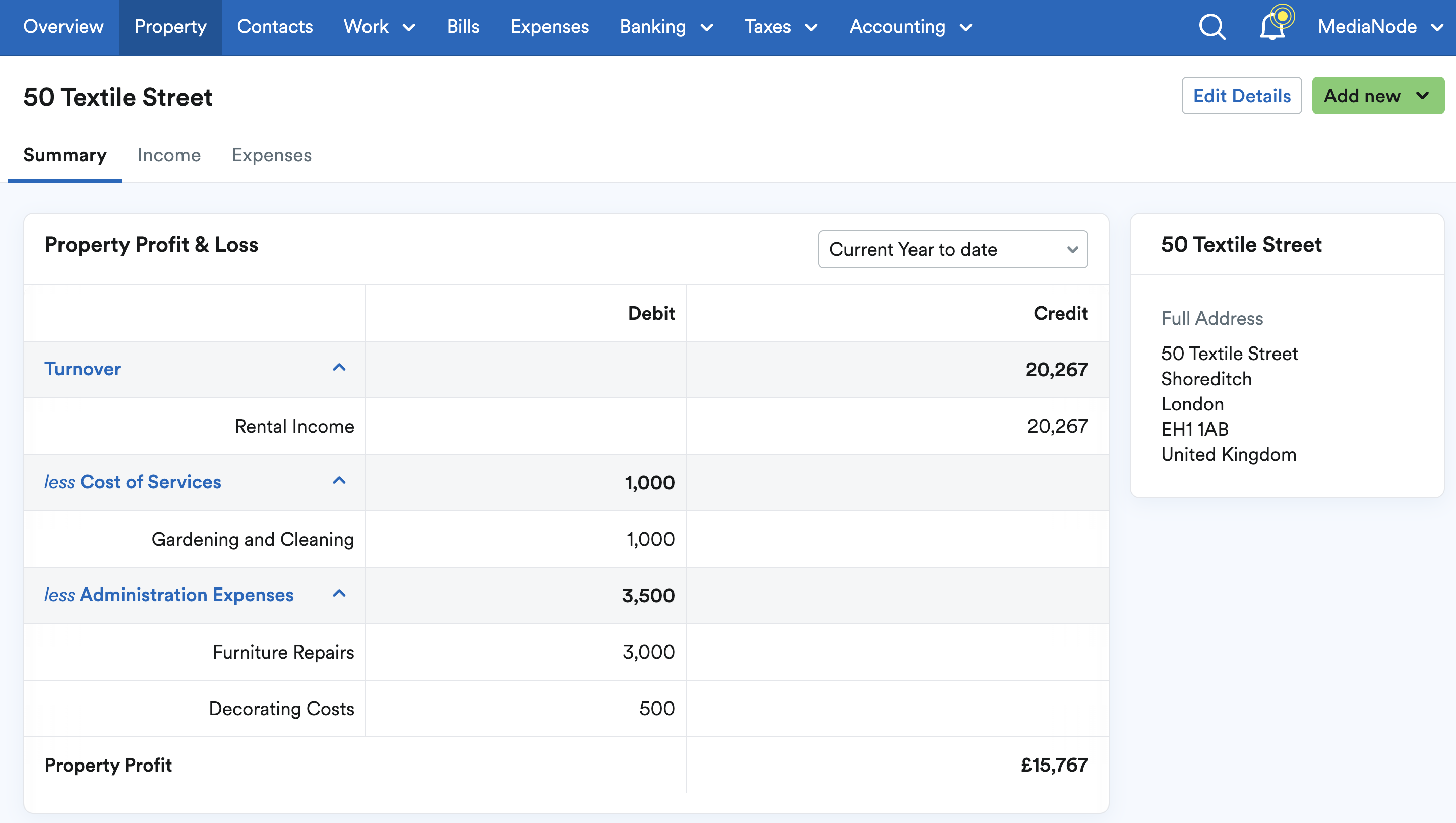 Property summary with mini profit and loss report and income and expenses tabs
