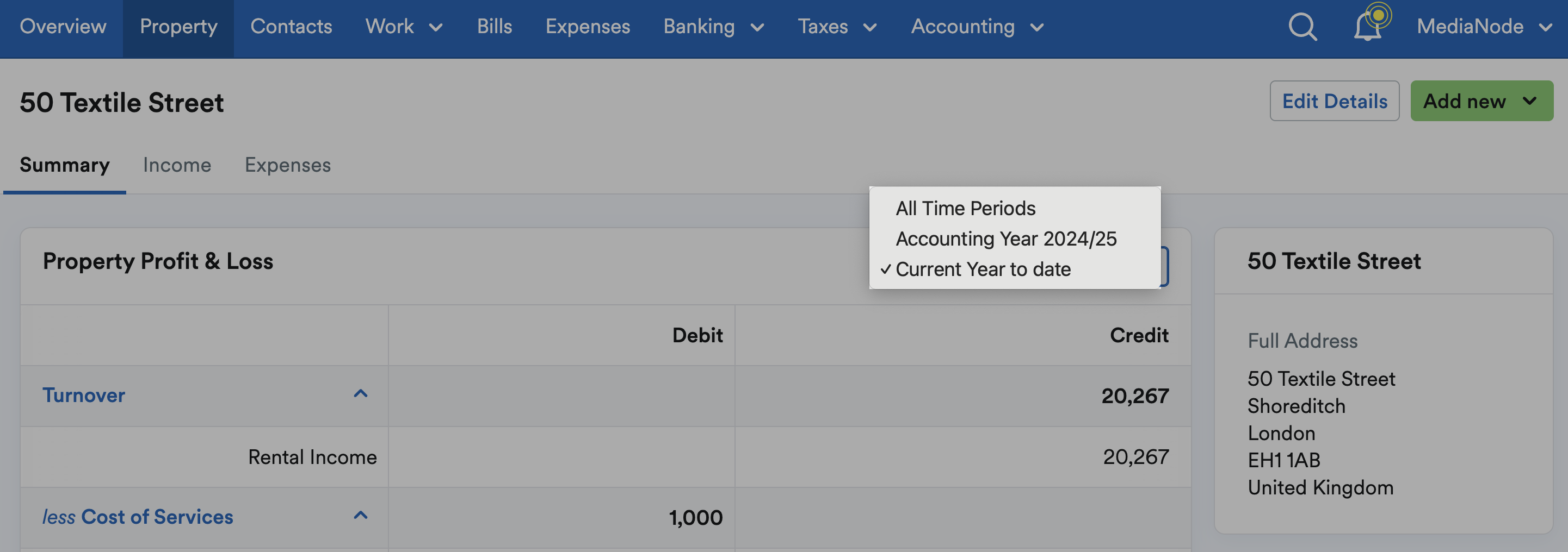 Time filter highlighted for property profit and loss report