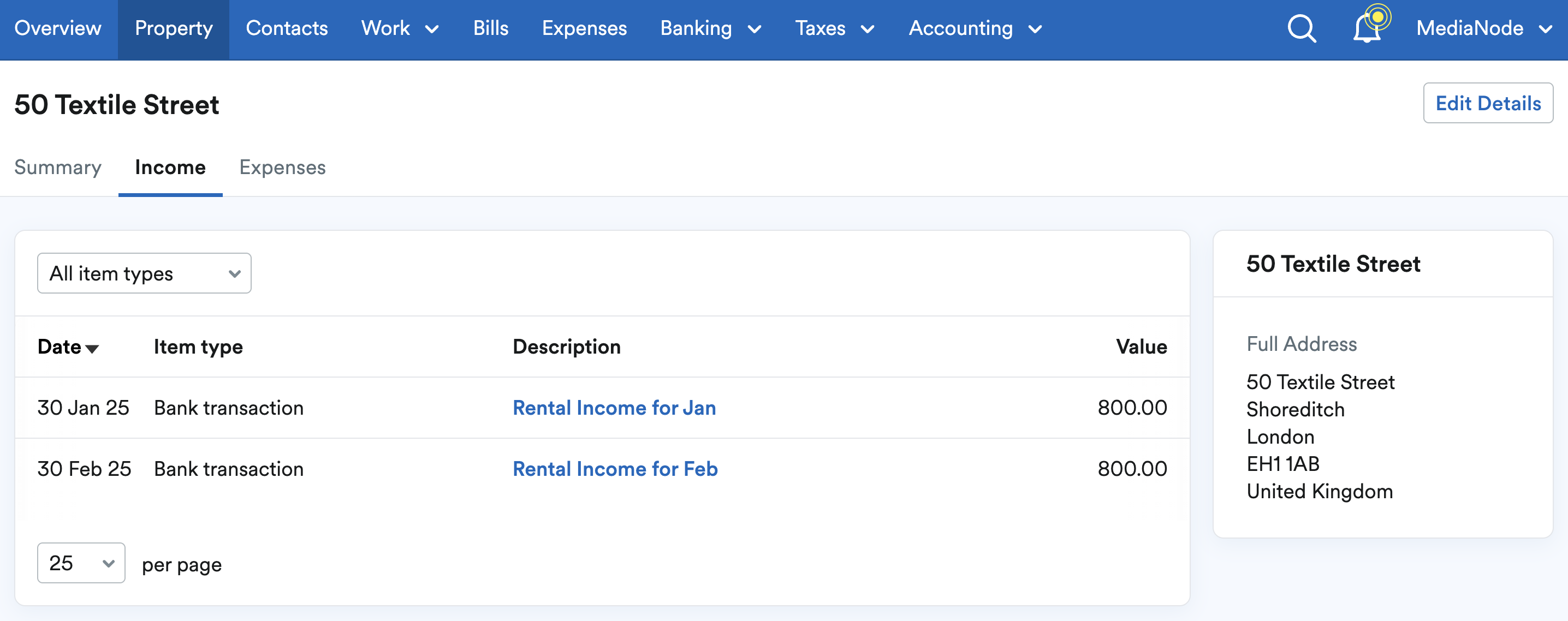 List of items making up income for the property