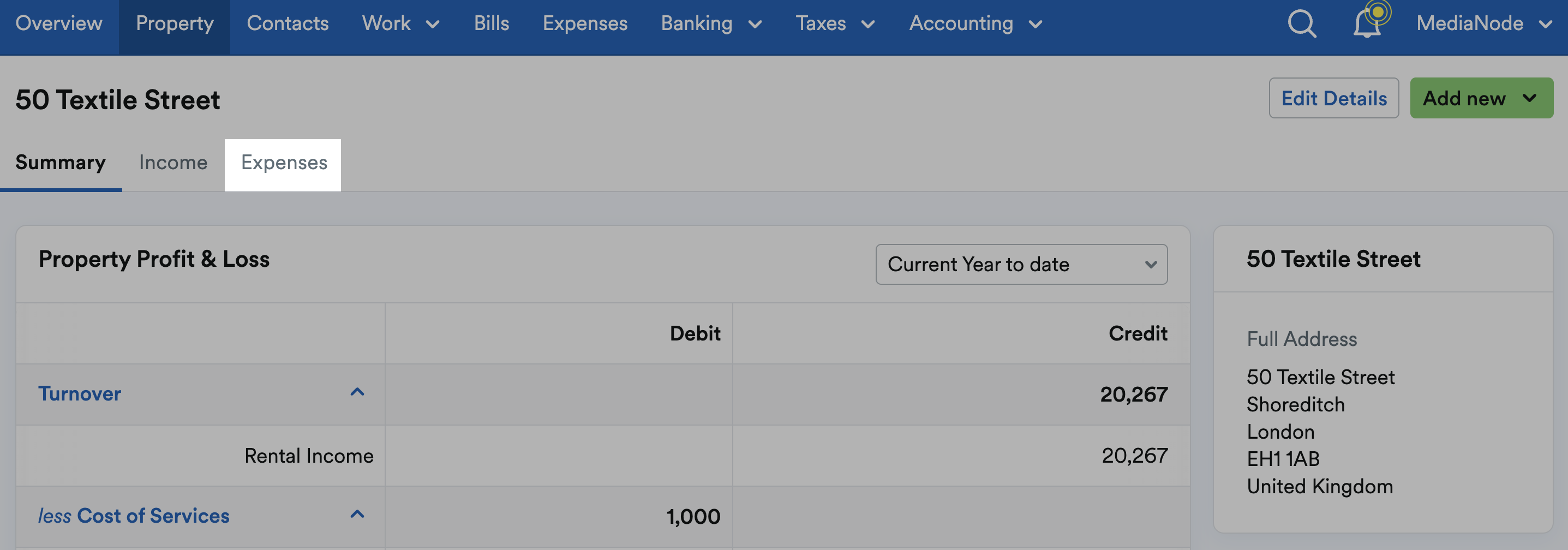 Expenses tab highlighted on property summary screen