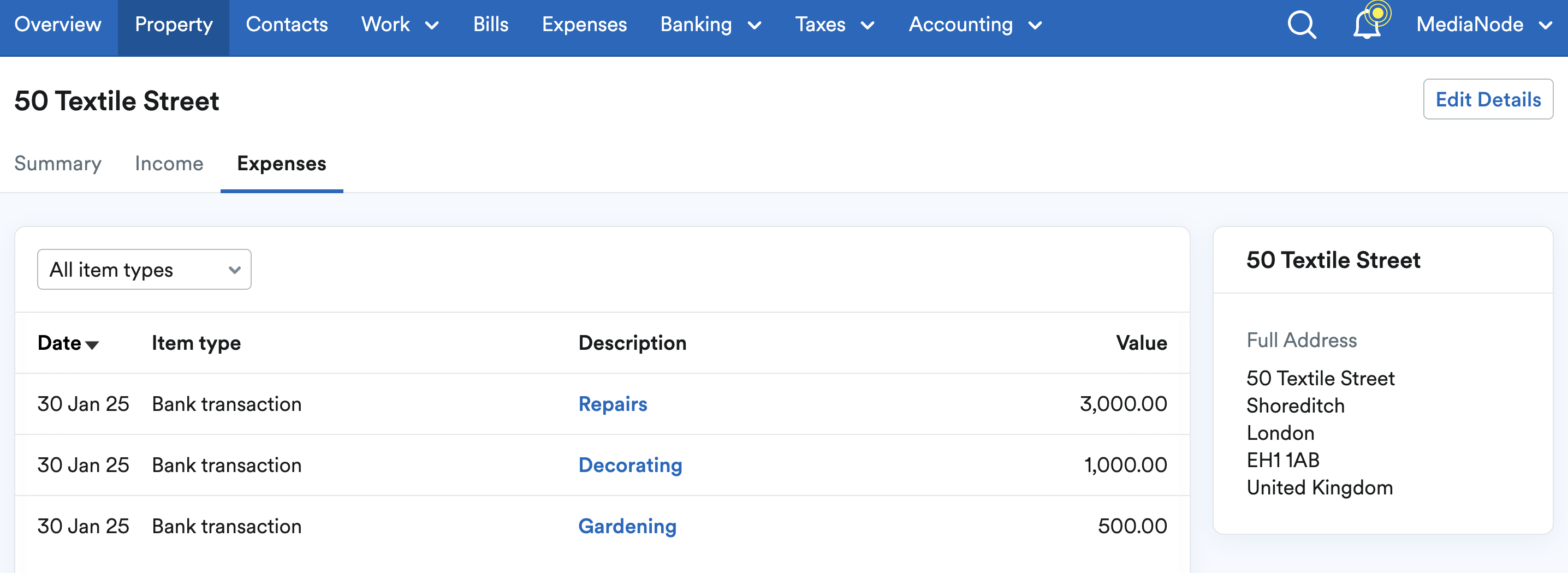 List of items making up costs for the property