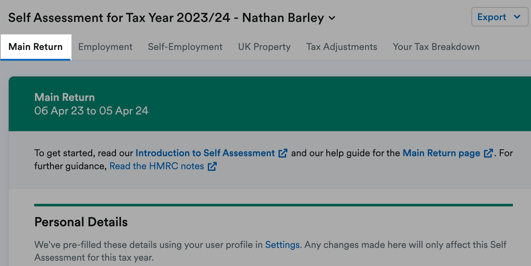 Main return tab highlighted