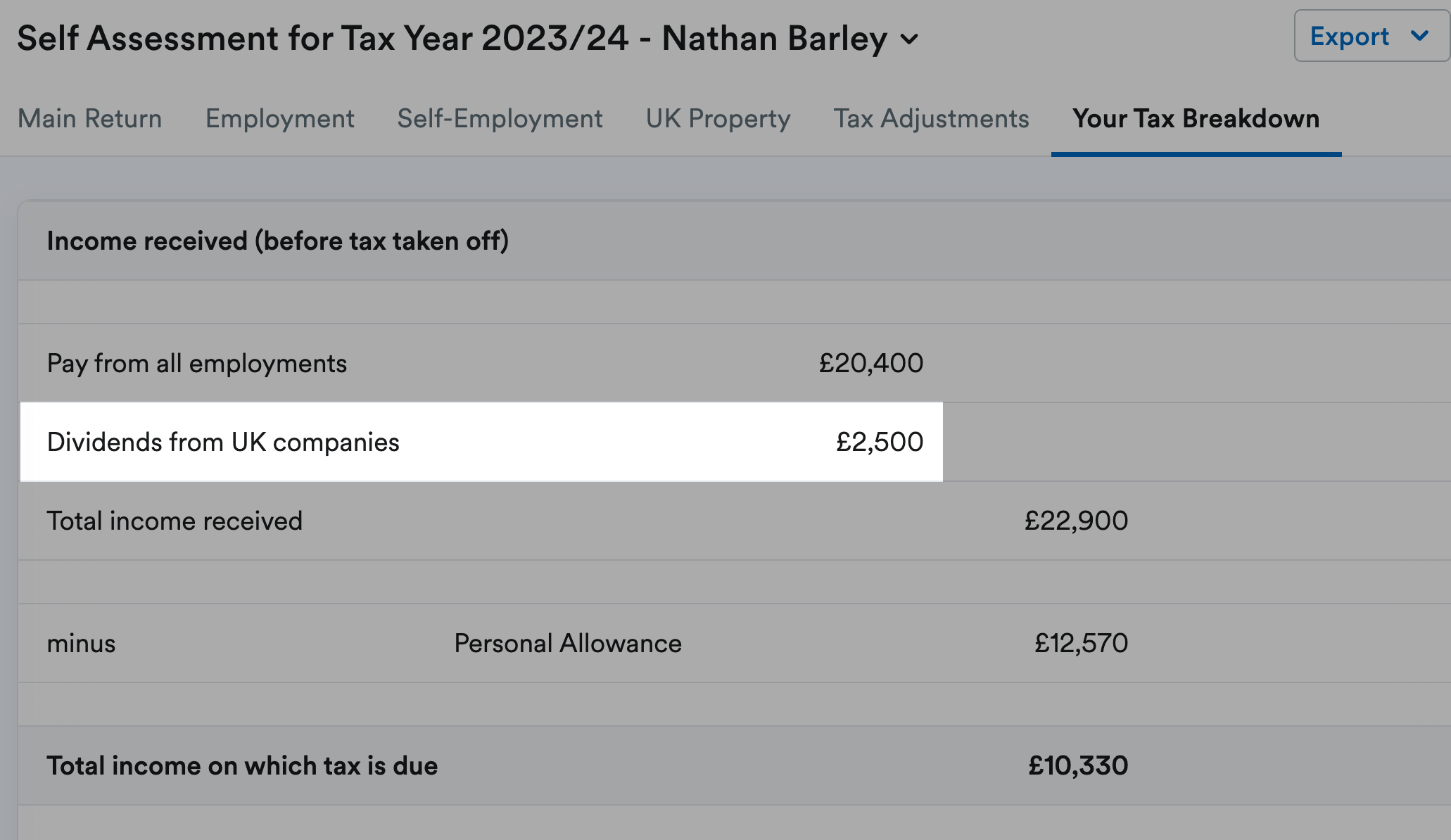 Dividends figure on the Your Tax Breakdown page