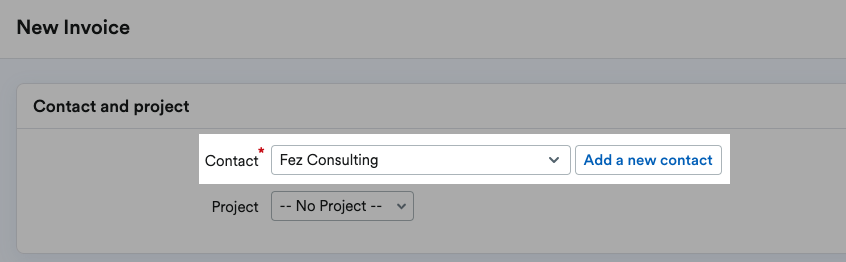 Contact box highlighted in Contact and project section of New Invoice page.