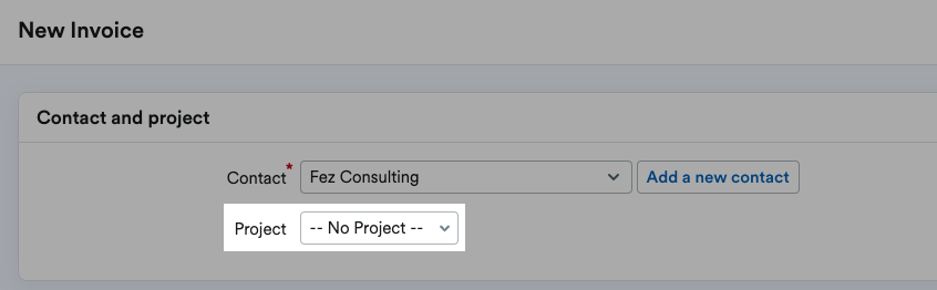 Project box highlighted in Contact and project section of New Invoice page.