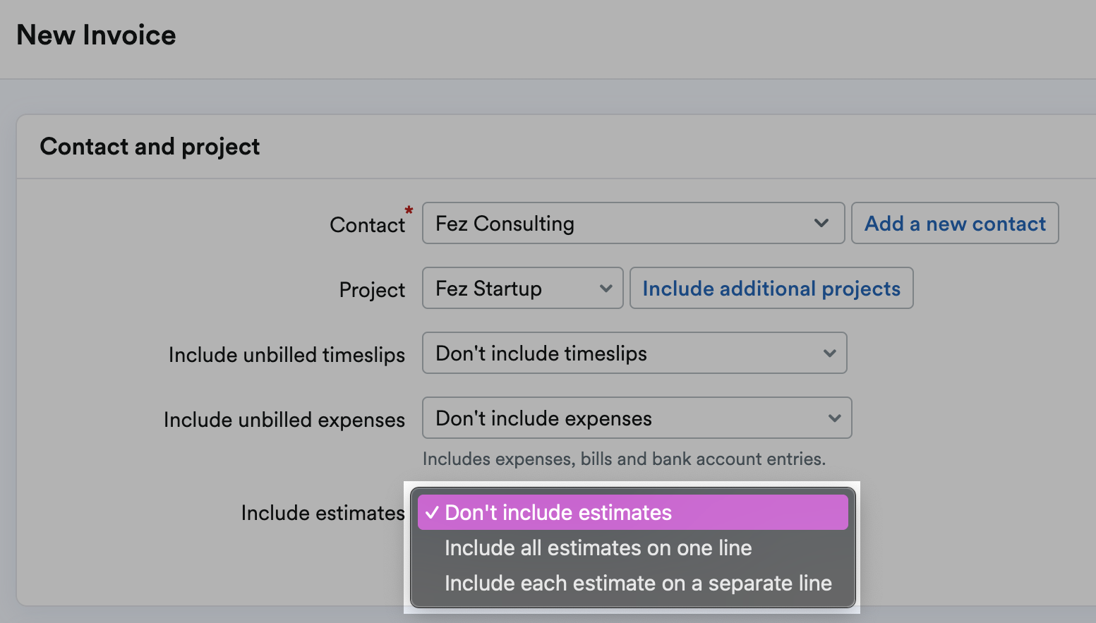 Options for types of estimates to include listed in drop down menu.