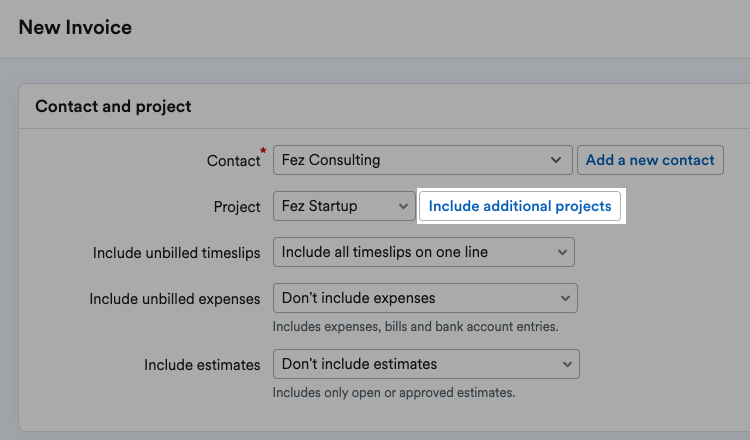 'Include additional projects' button highlighted on New Invoice page.