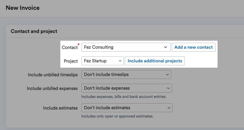Contact and Project highlighted on New Invoice page.