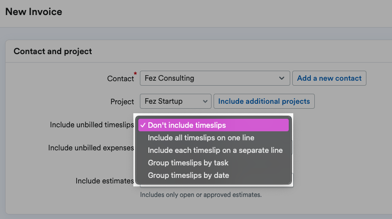 Options for types of timeslips to include listed on drop down menu.