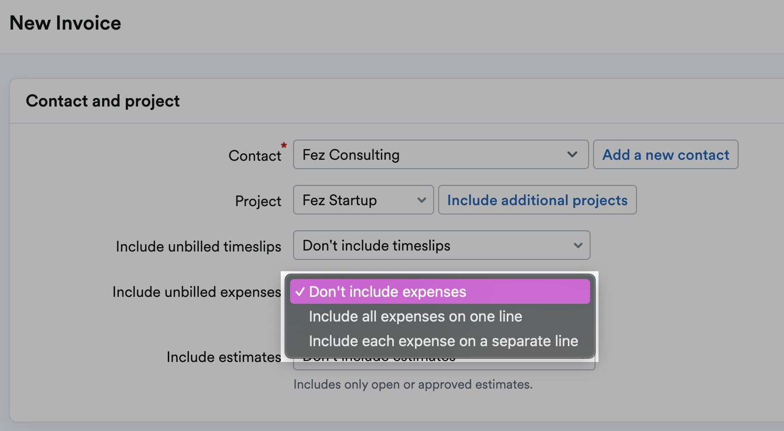 Options for types of expenses to include listed in drop down menu.