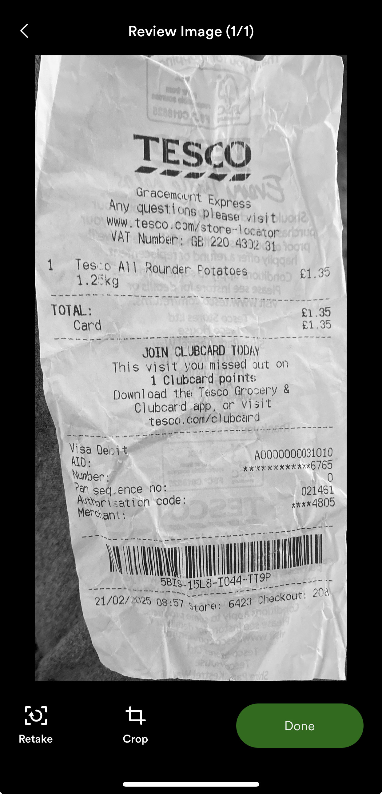 Receipt being pictured using the camera