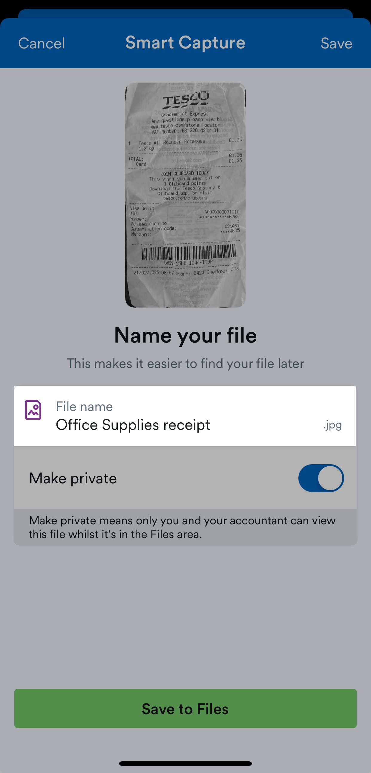 Example file name highlighted on Smart Capture page.