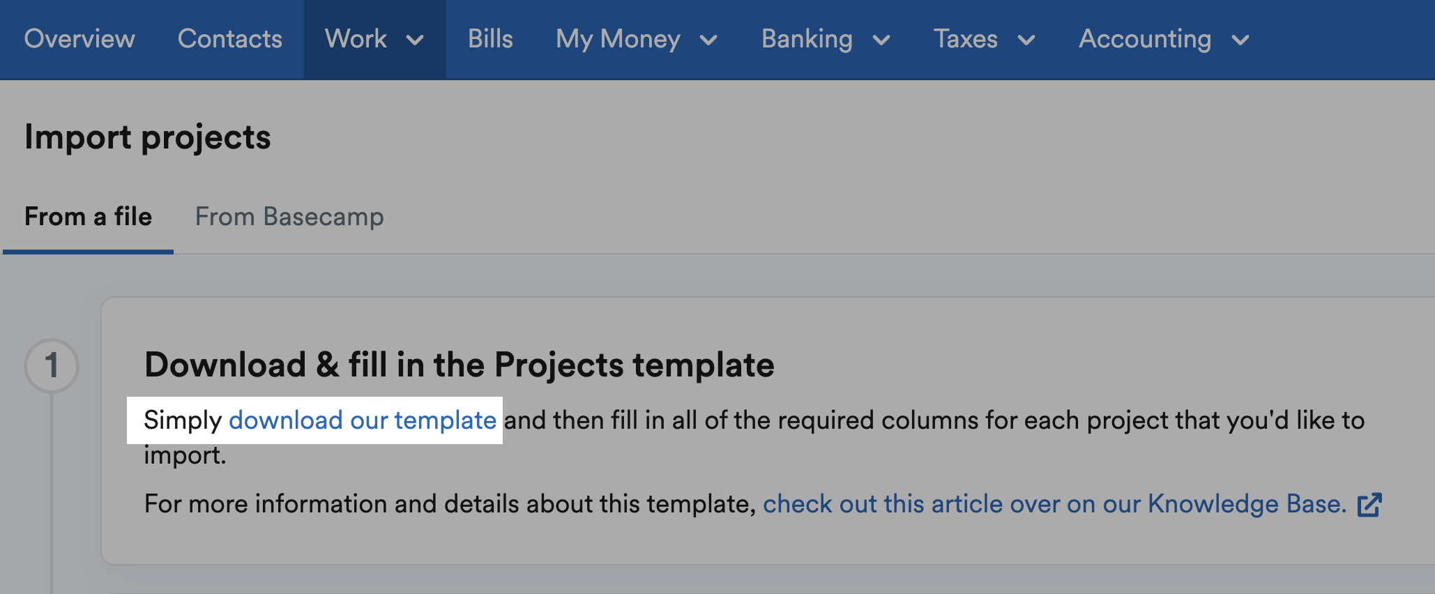 Link to 'download our template' on Import projects page under 'From a file' tab.