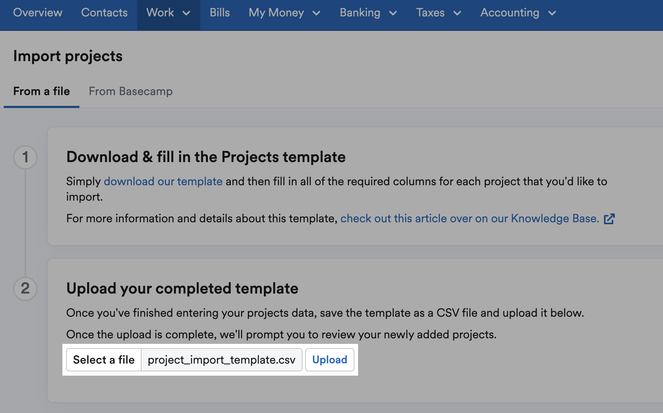 'Select a file' field highlighted, with selected file and 'Upload' button.