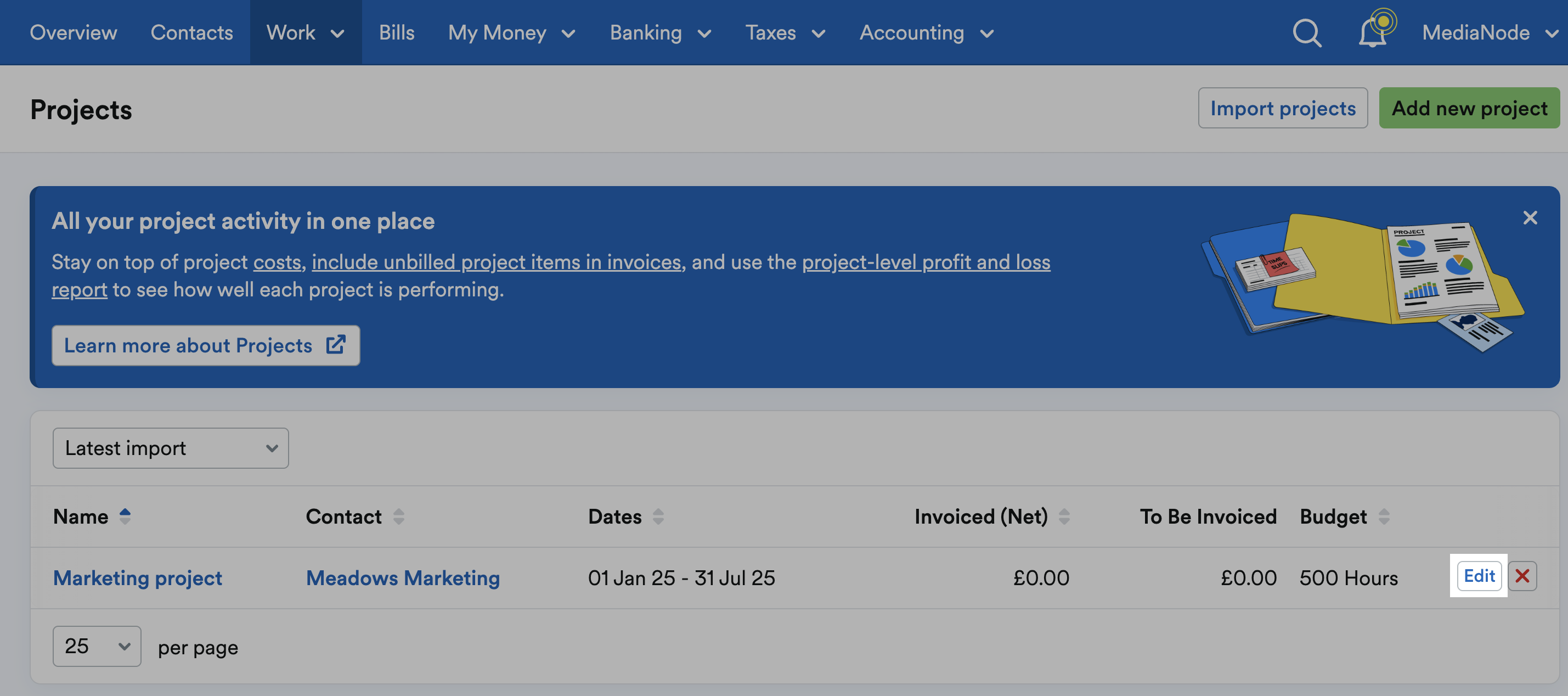 'Edit' button highlighted next to listed project.