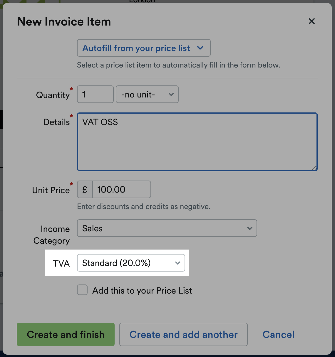 New invoice item screen