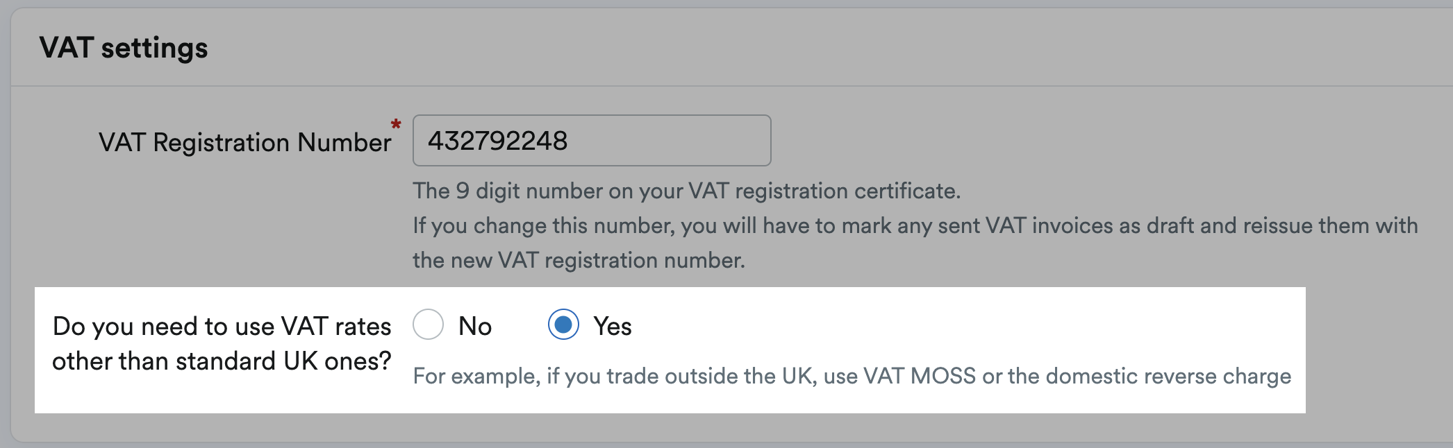 Non standard UK VAT rates option highlighted