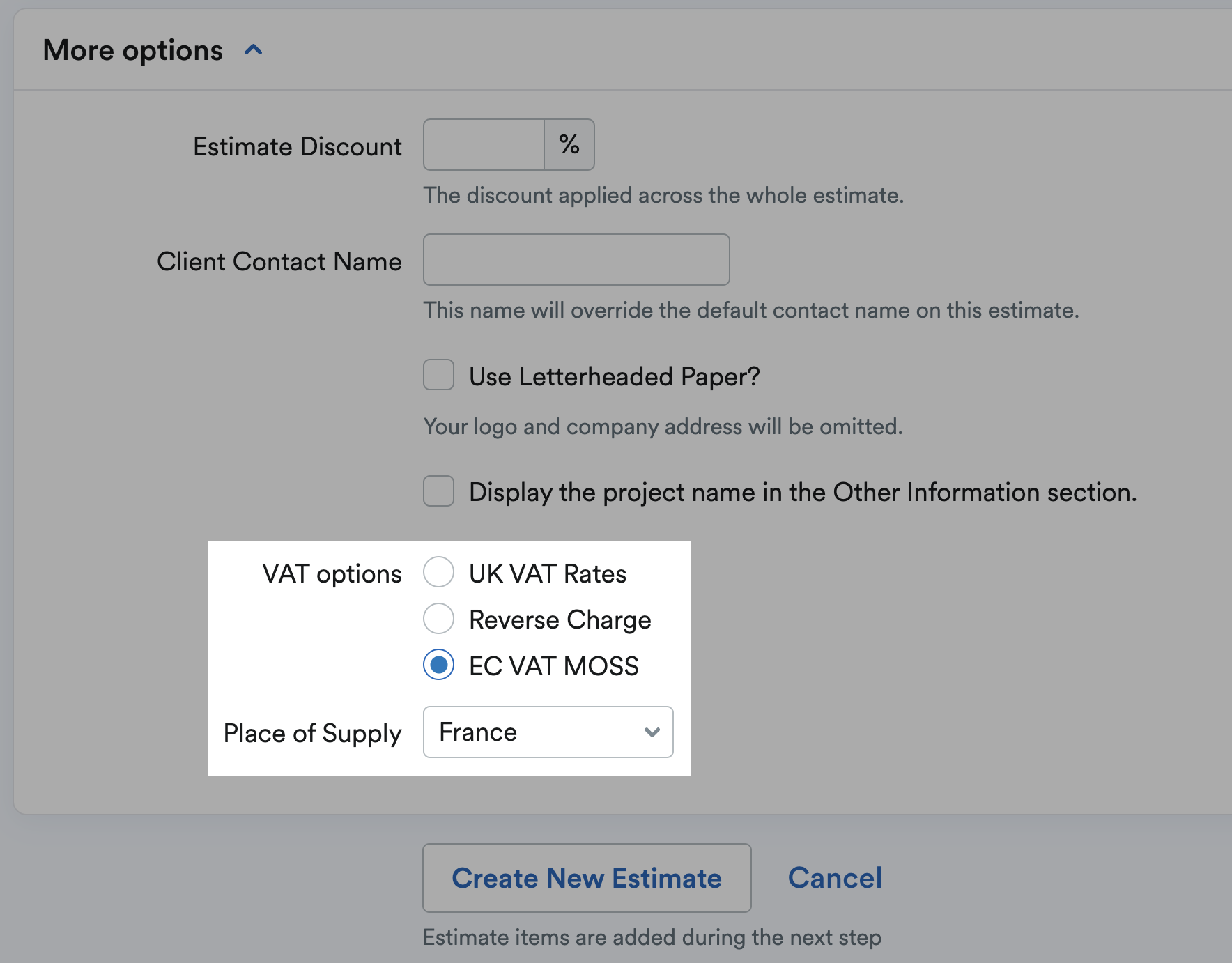 VAT options highlighted on Estimate form