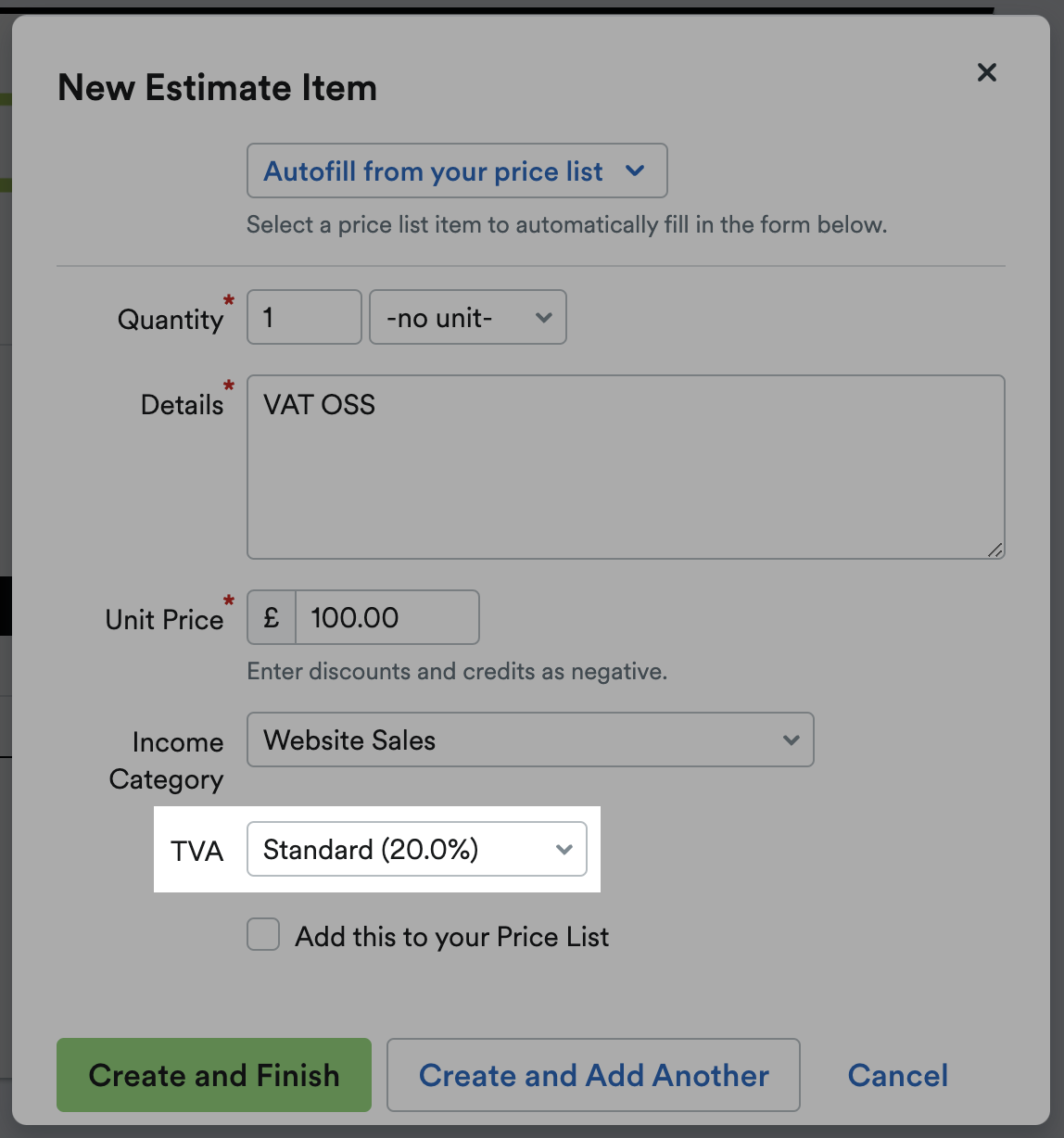 New estimate item screen