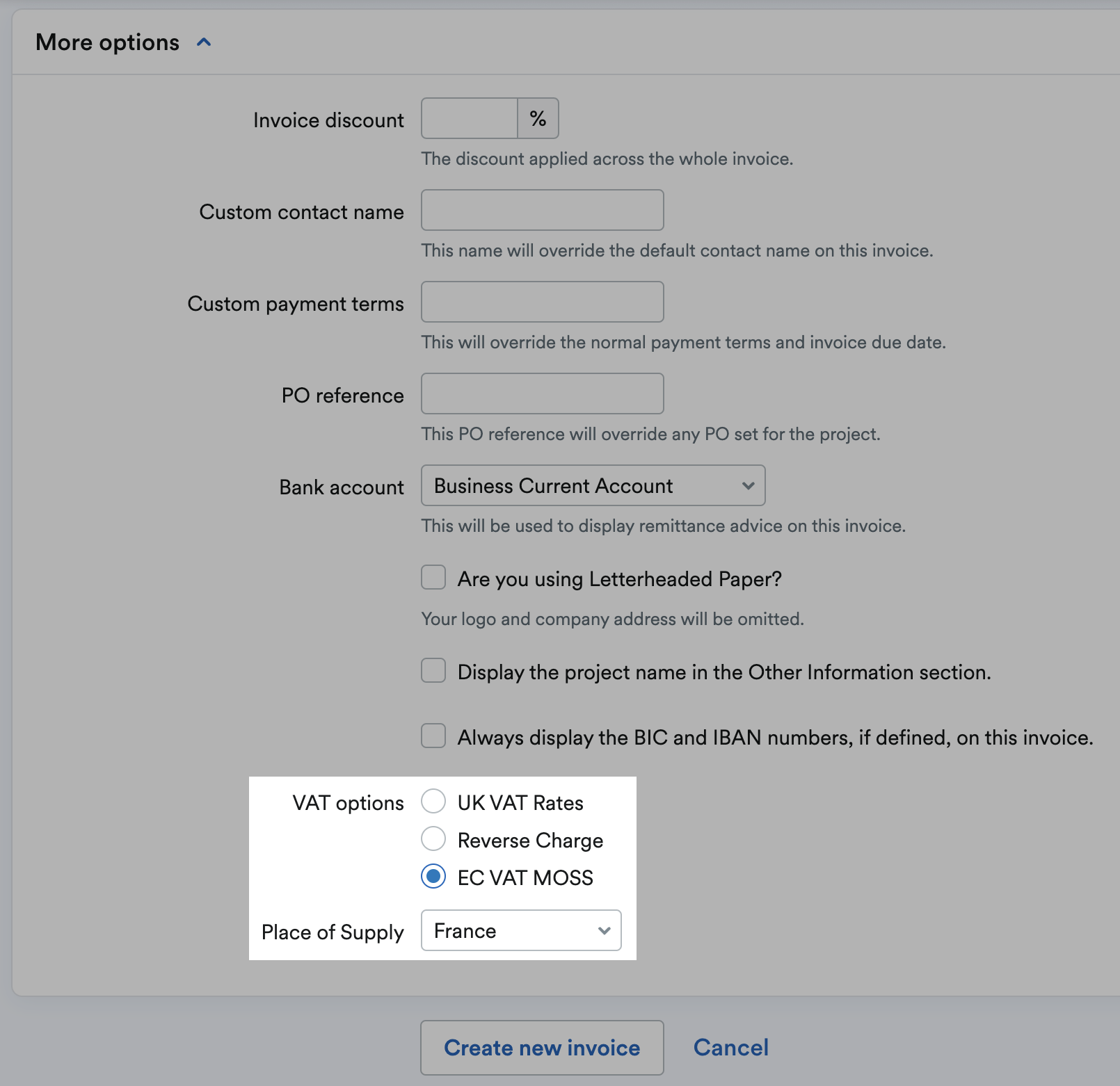EC VAT MOSS option on invoice form