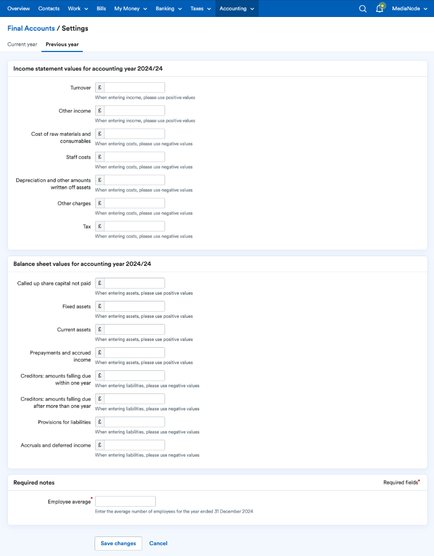 Previous year tab selected to show fields for previous year's figures.