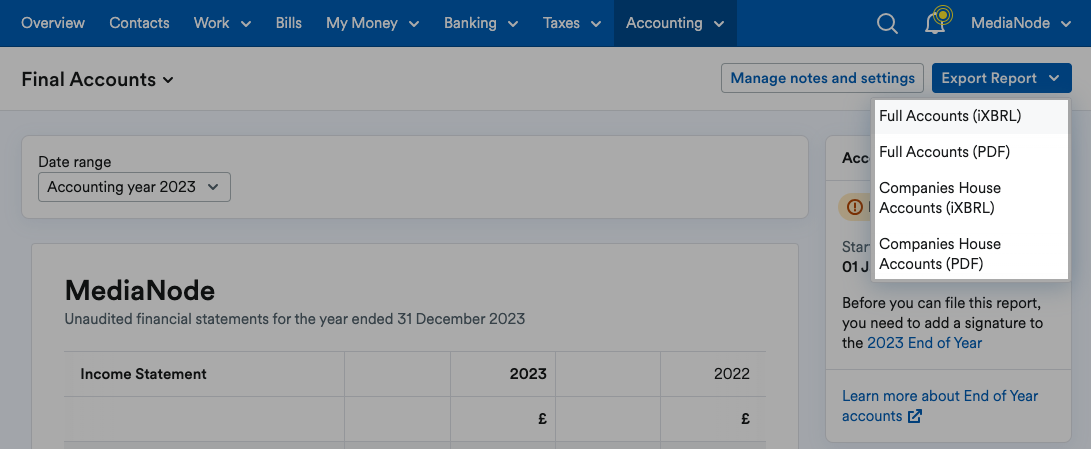 List of reports on drop down menu to export.