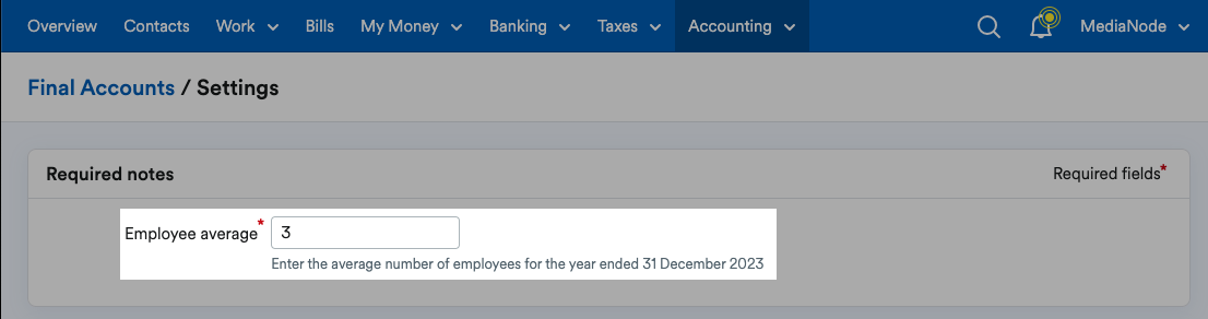 'Employee average' field with box to enter average amount of employees for the year.