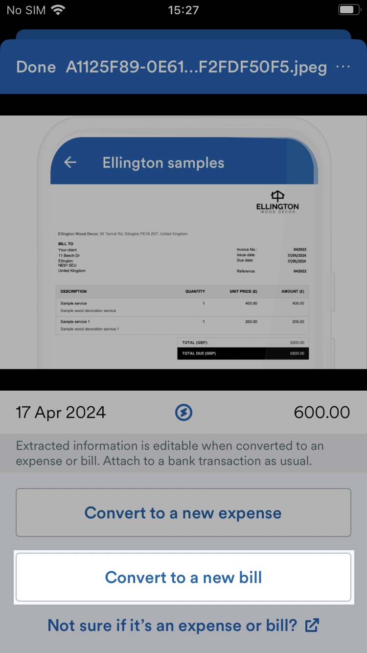'Convert to a new bill' highlighted on capture page.