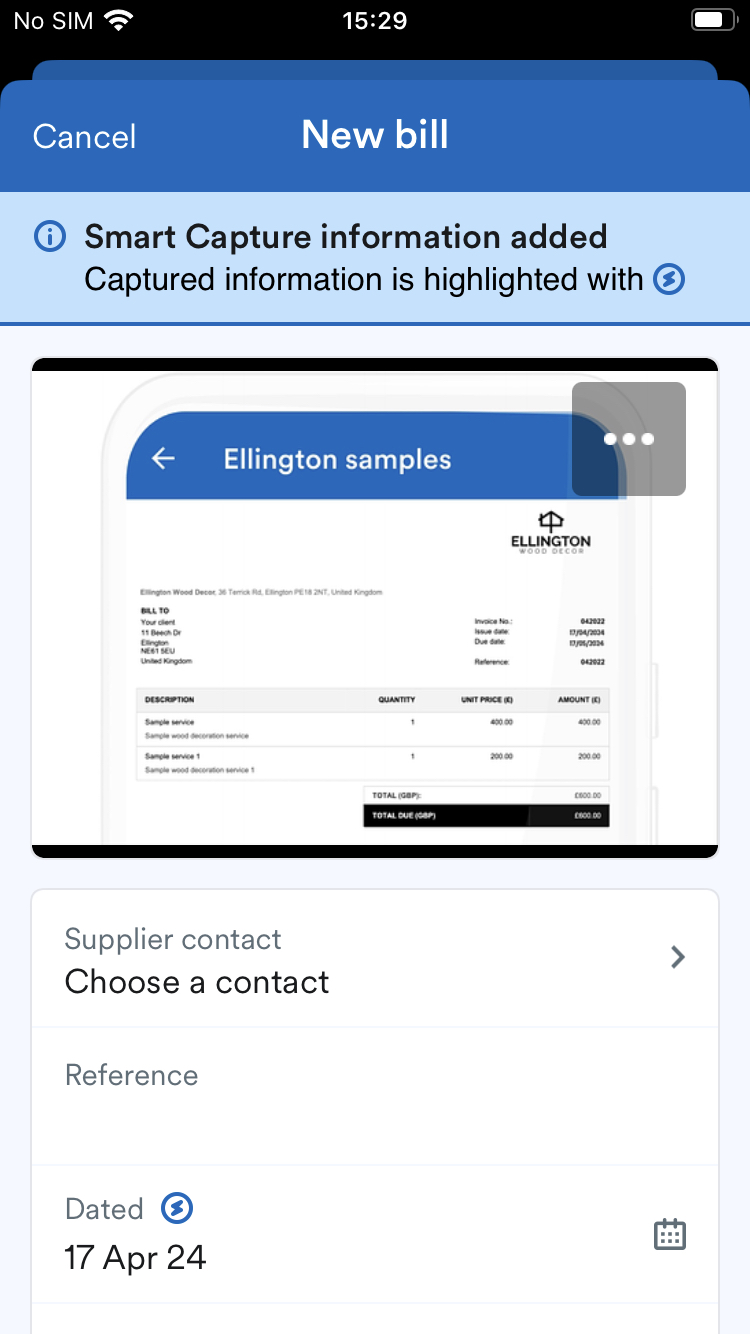 New bill page showing extracted data with lightning bolt symbol next to it.
