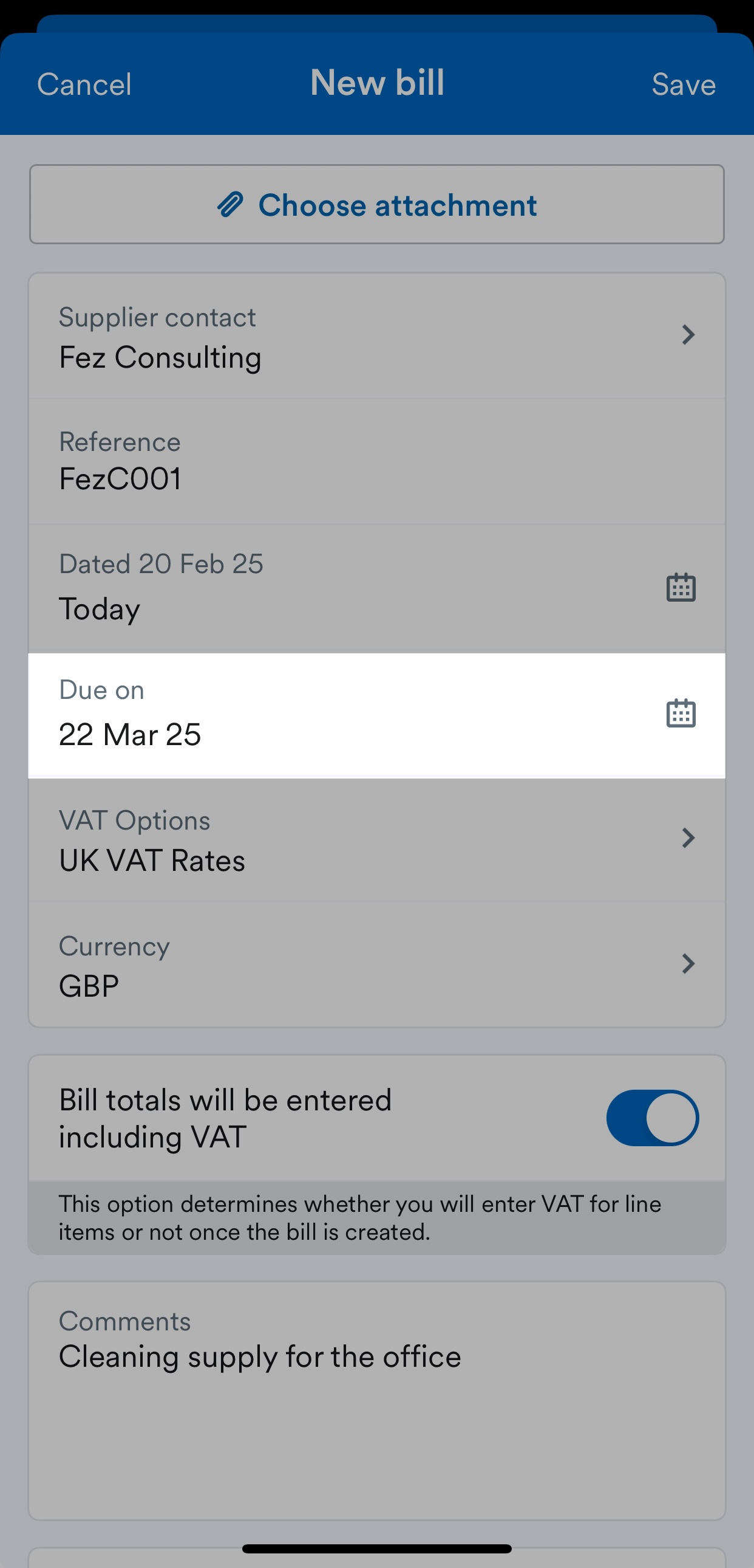 Due on field highlighted