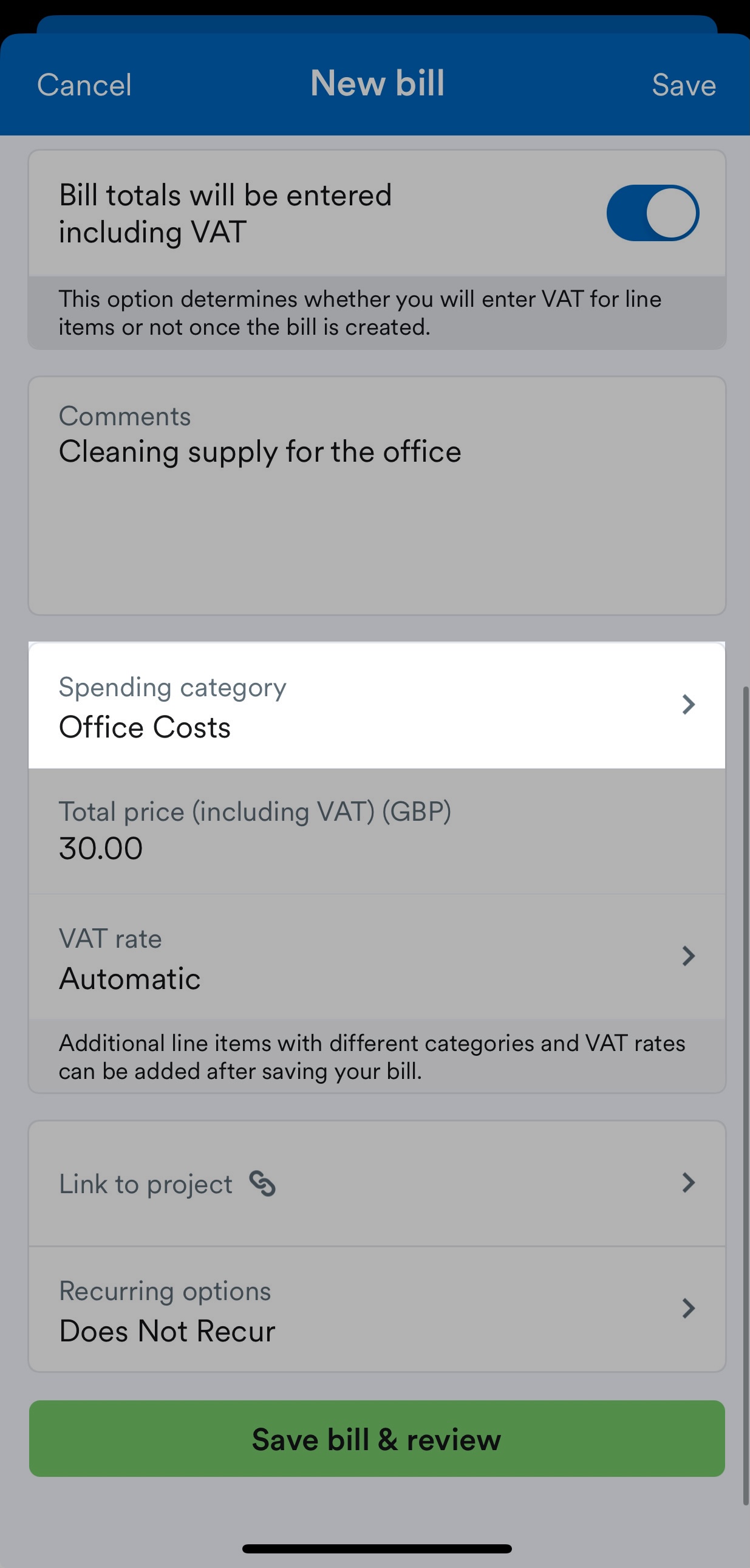 Spending category field highlighted