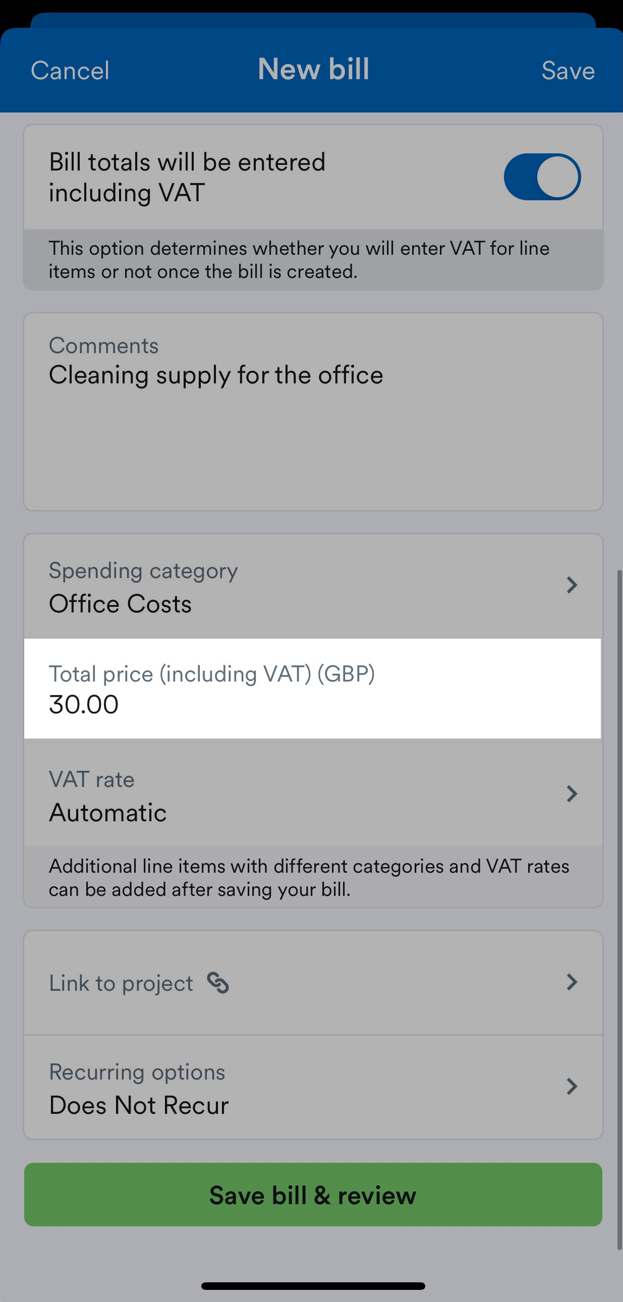 total price field highlighted