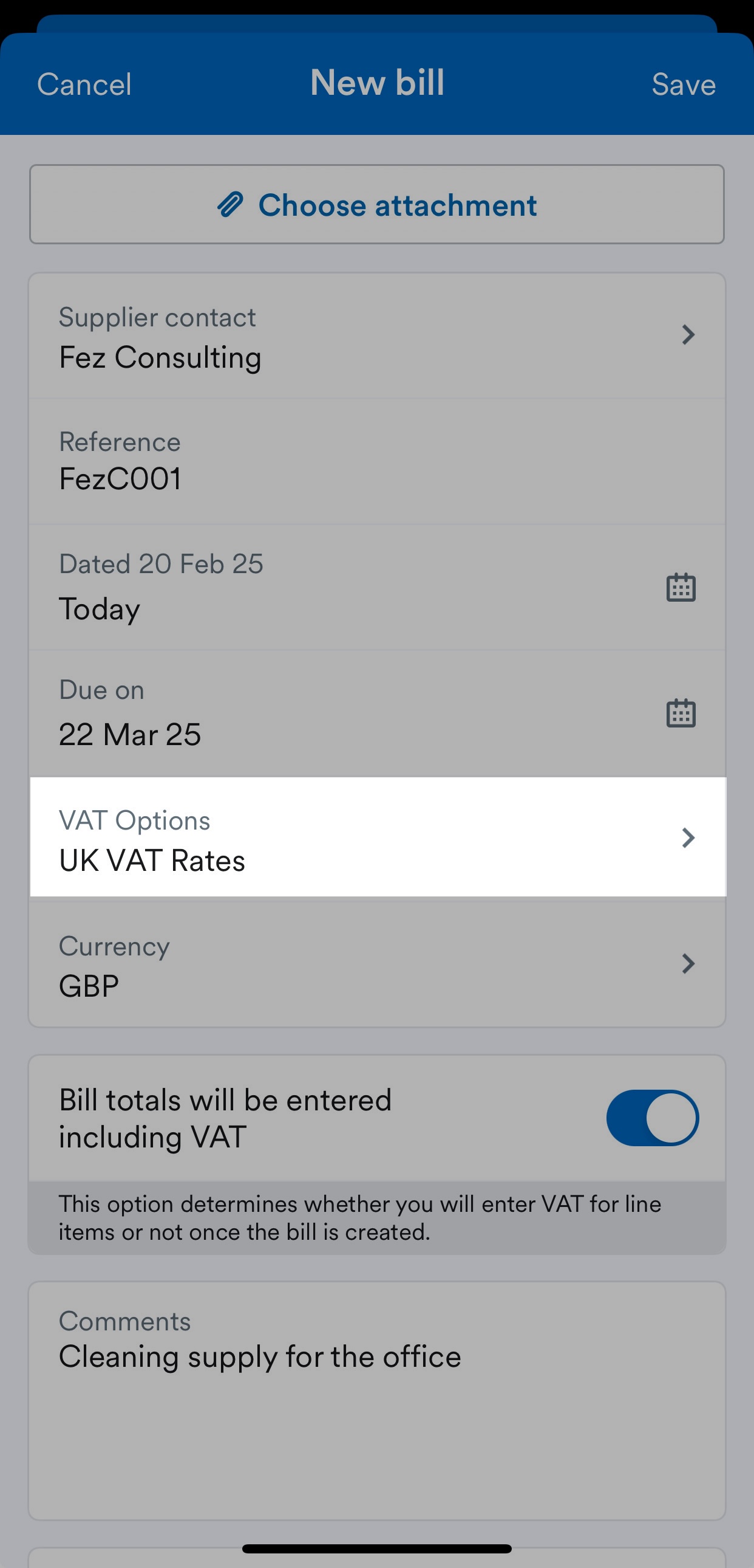 VAT Options fields highlighted