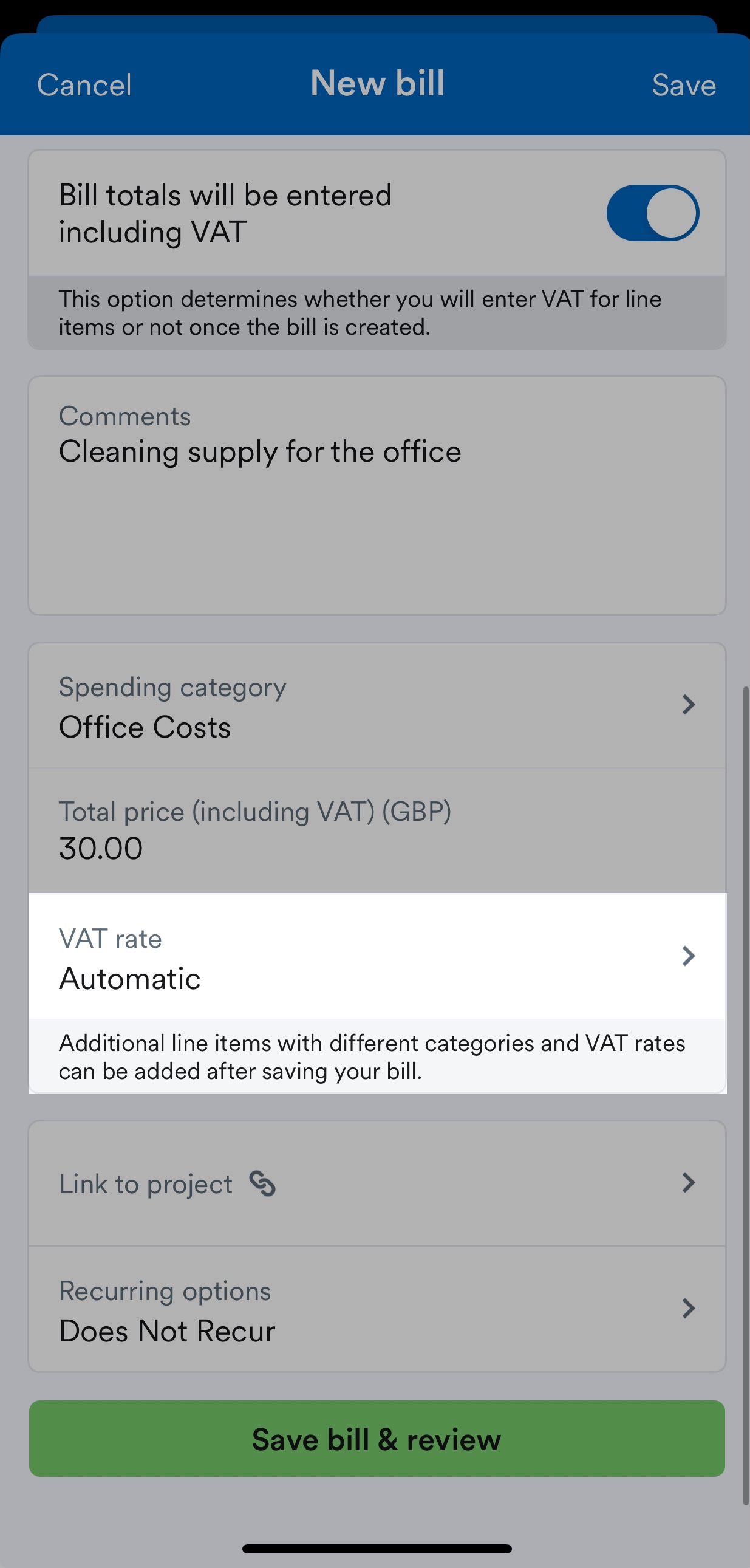 VAT rate field highlighted