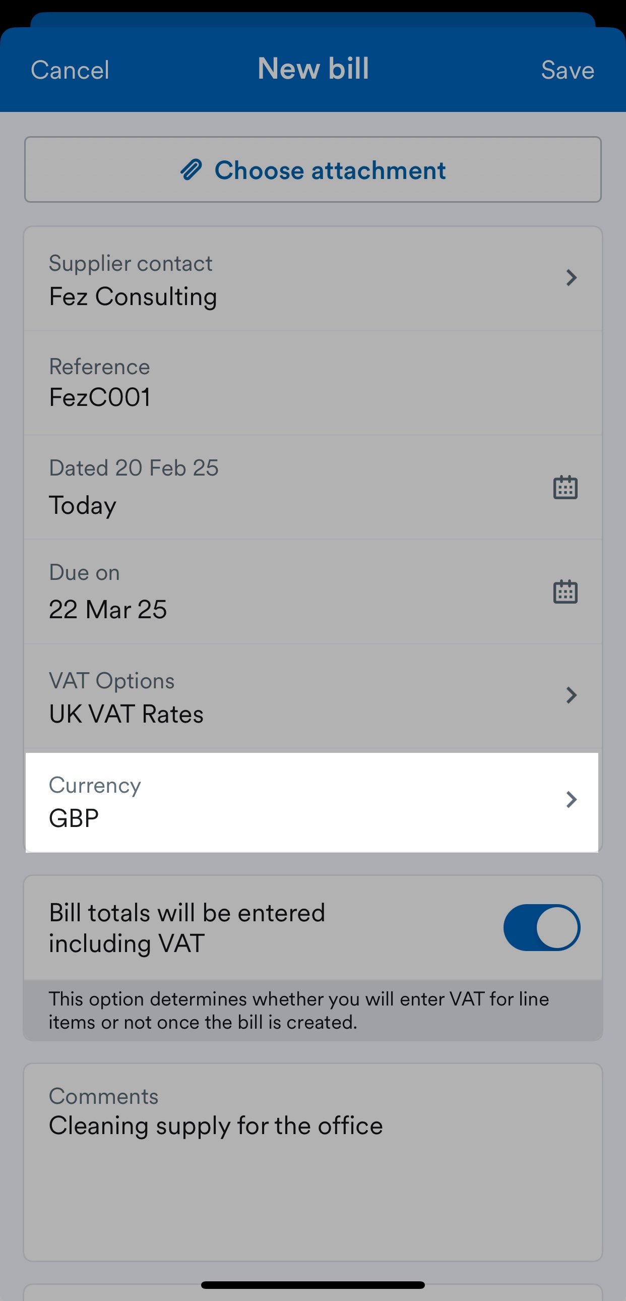 Currency field highlighted