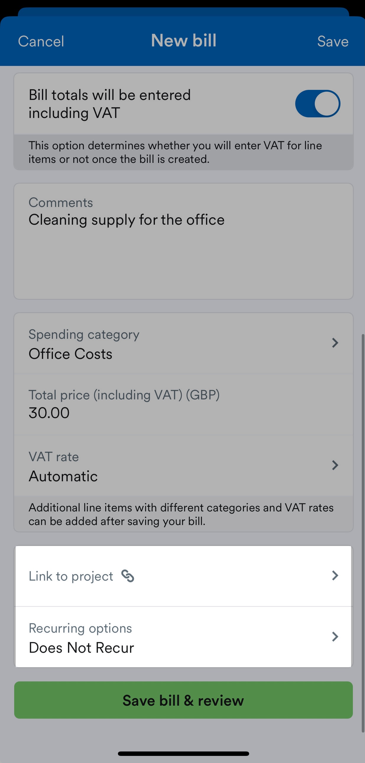 project and recurring options highlighted