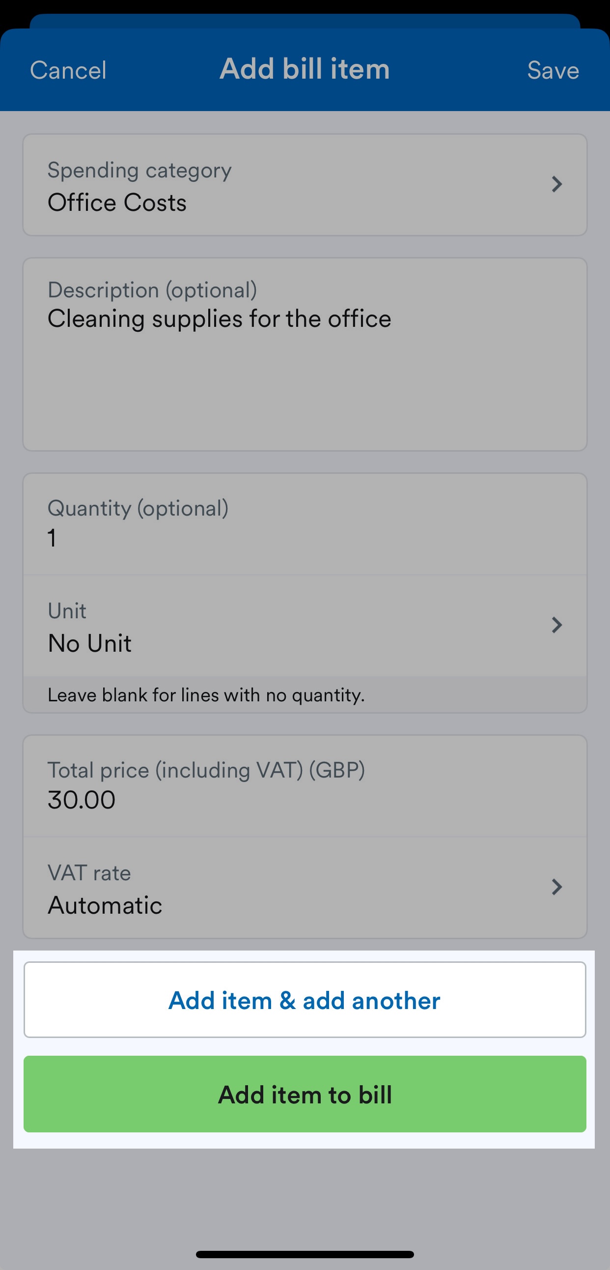 Add item buttons highlighted