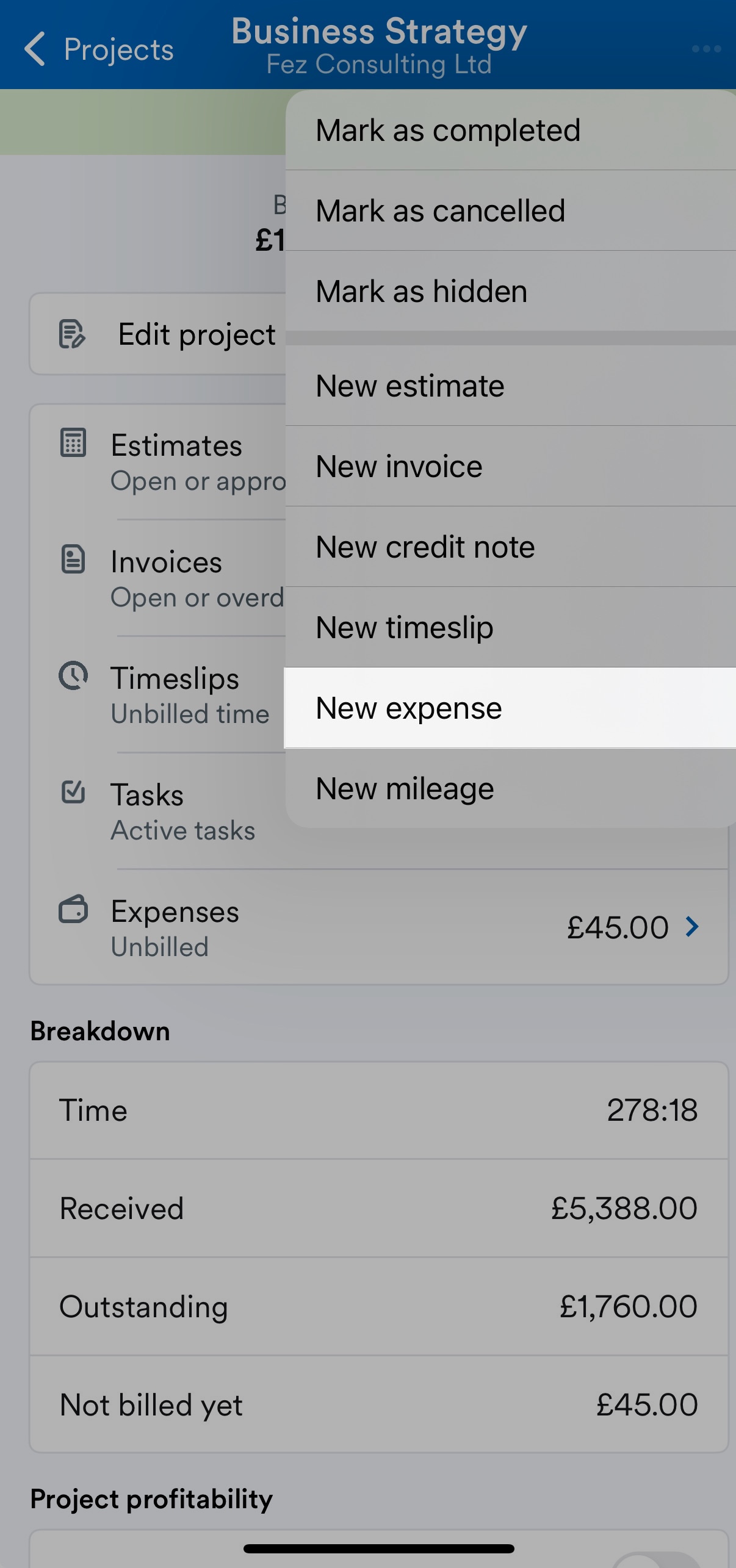 New expense highlighted from the drop-down menu