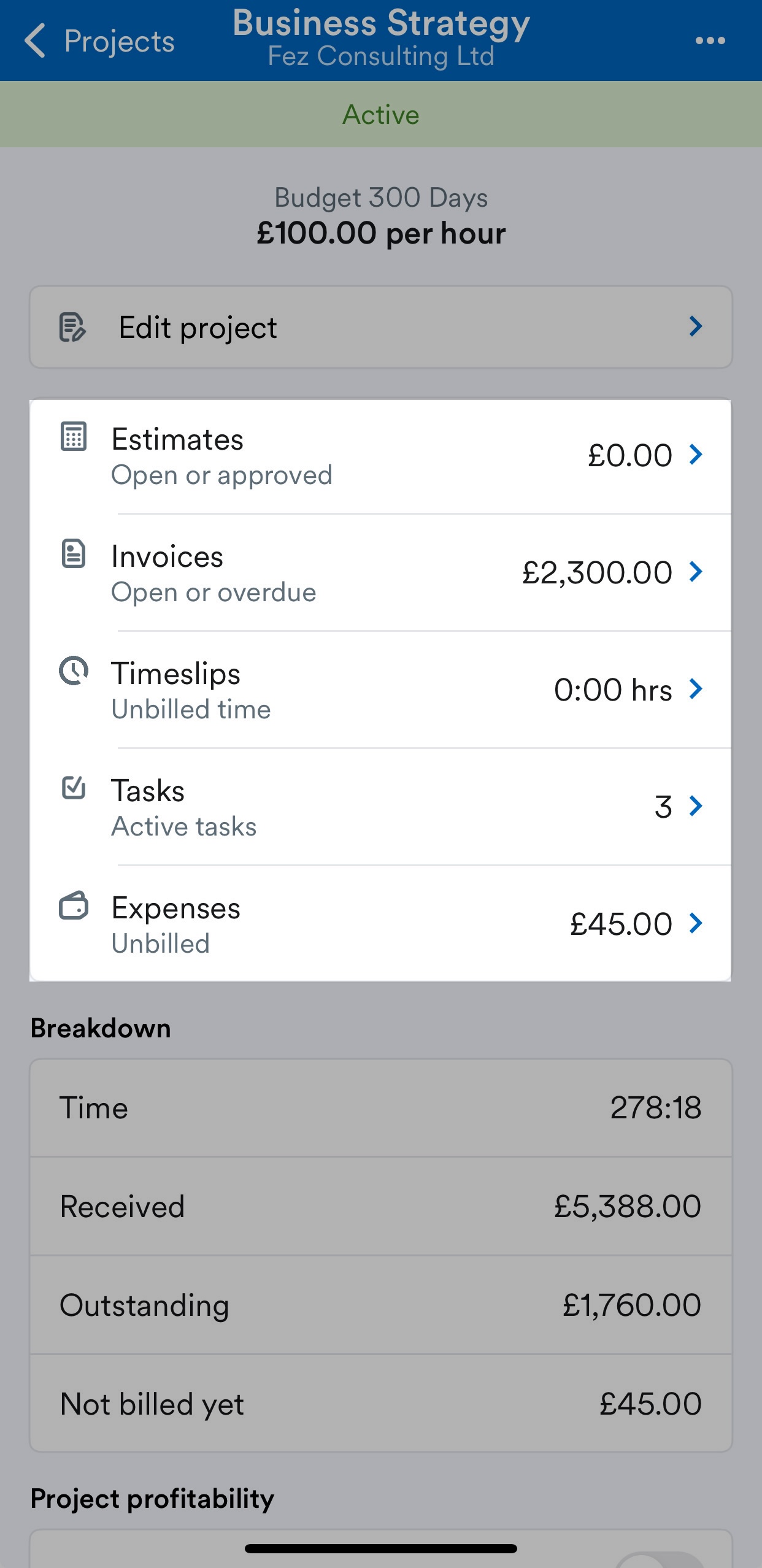 Estimates, invoices, timeslips and tasks sections highlighted