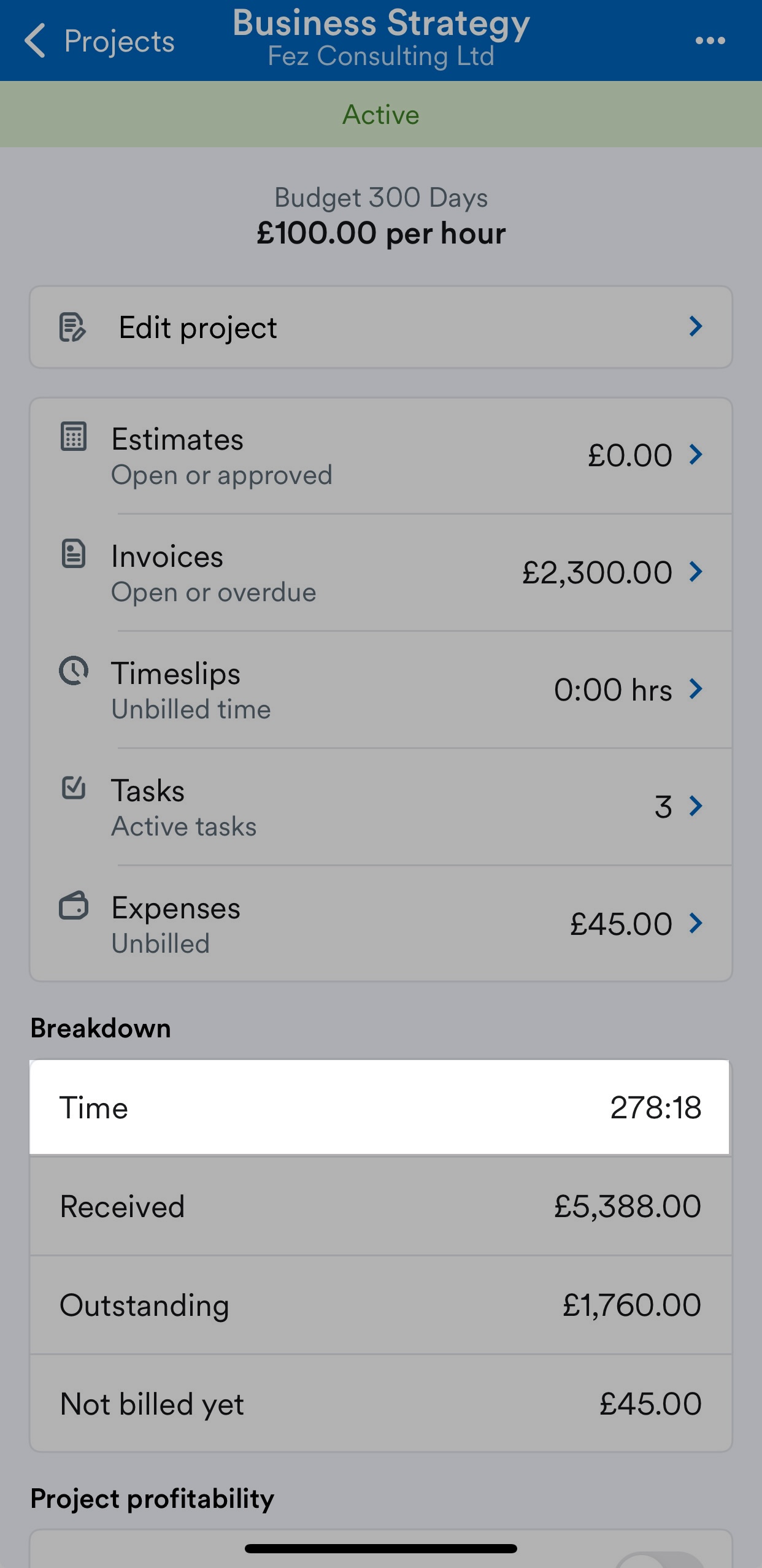 Time panel highlighted for a project