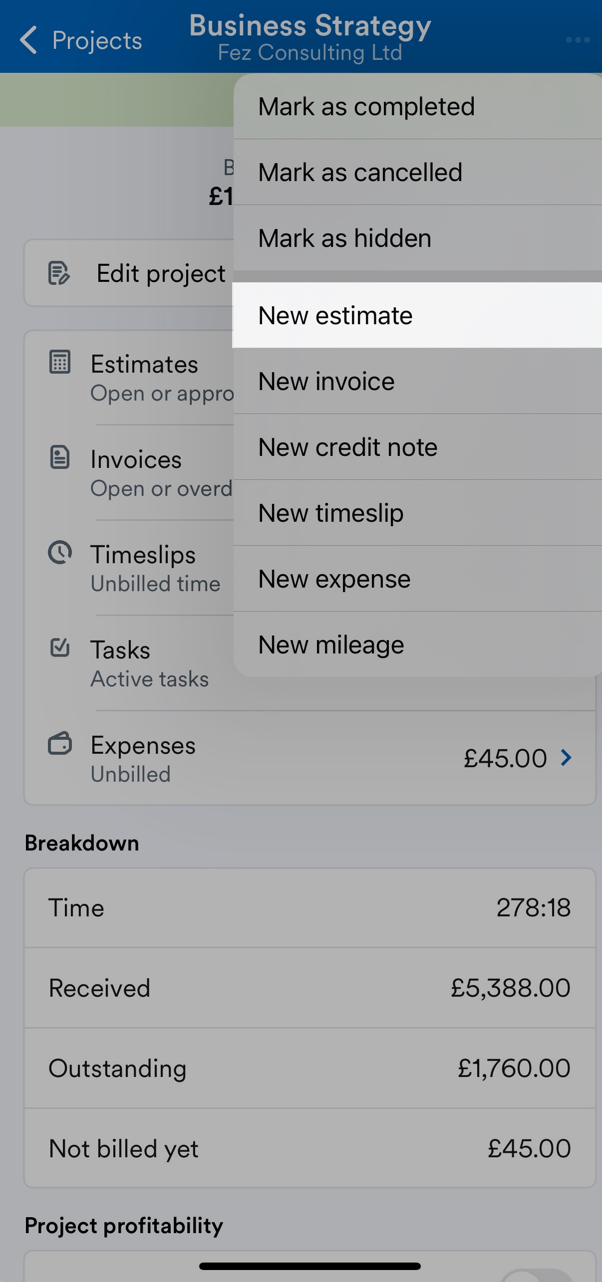 New estimate option highlighted in drop-down menu